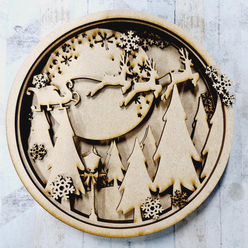 OL1364  - MDF Layered Santa Flying  Circle Plaque - Olifantjie - Wooden - MDF - Lasercut - Blank - Craft - Kit - Mixed Media - UK