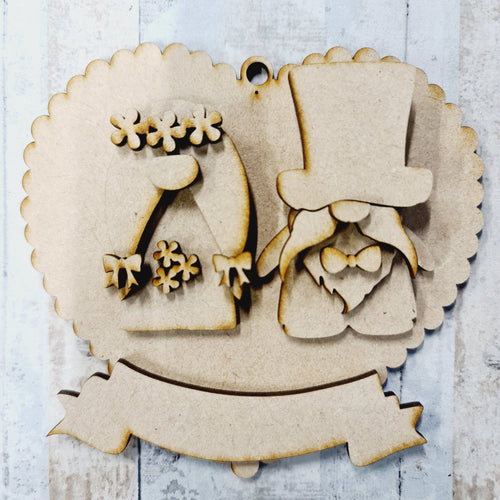 OL1369  - MDF Gnome Wedding Couple, Scallop Heart 10cm bauble - Mixed Gender Options - Olifantjie - Wooden - MDF - Lasercut - Blank - Craft - Kit - Mixed Media - UK