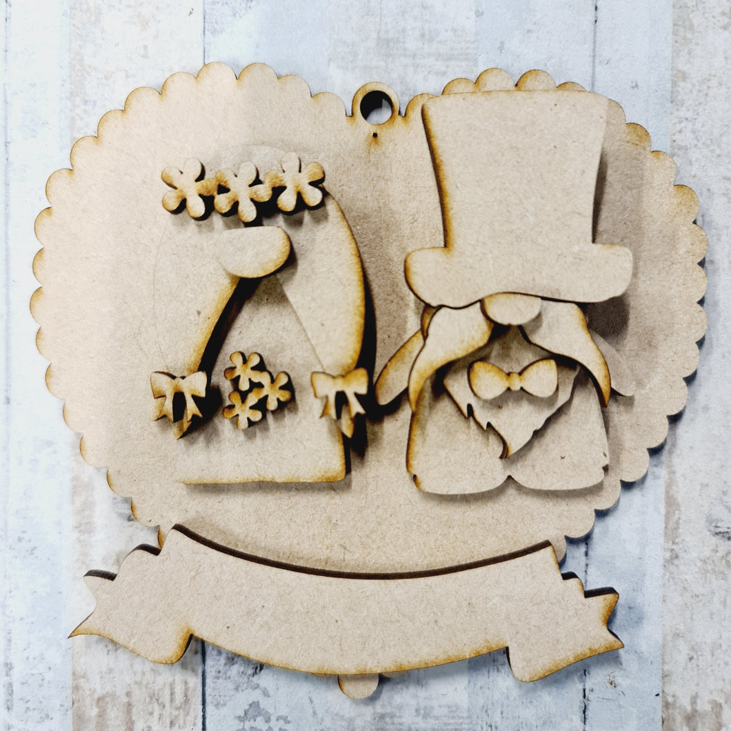 OL1369  - MDF Gnome Wedding Couple, Scallop Heart 10cm bauble - Mixed Gender Options - Olifantjie - Wooden - MDF - Lasercut - Blank - Craft - Kit - Mixed Media - UK