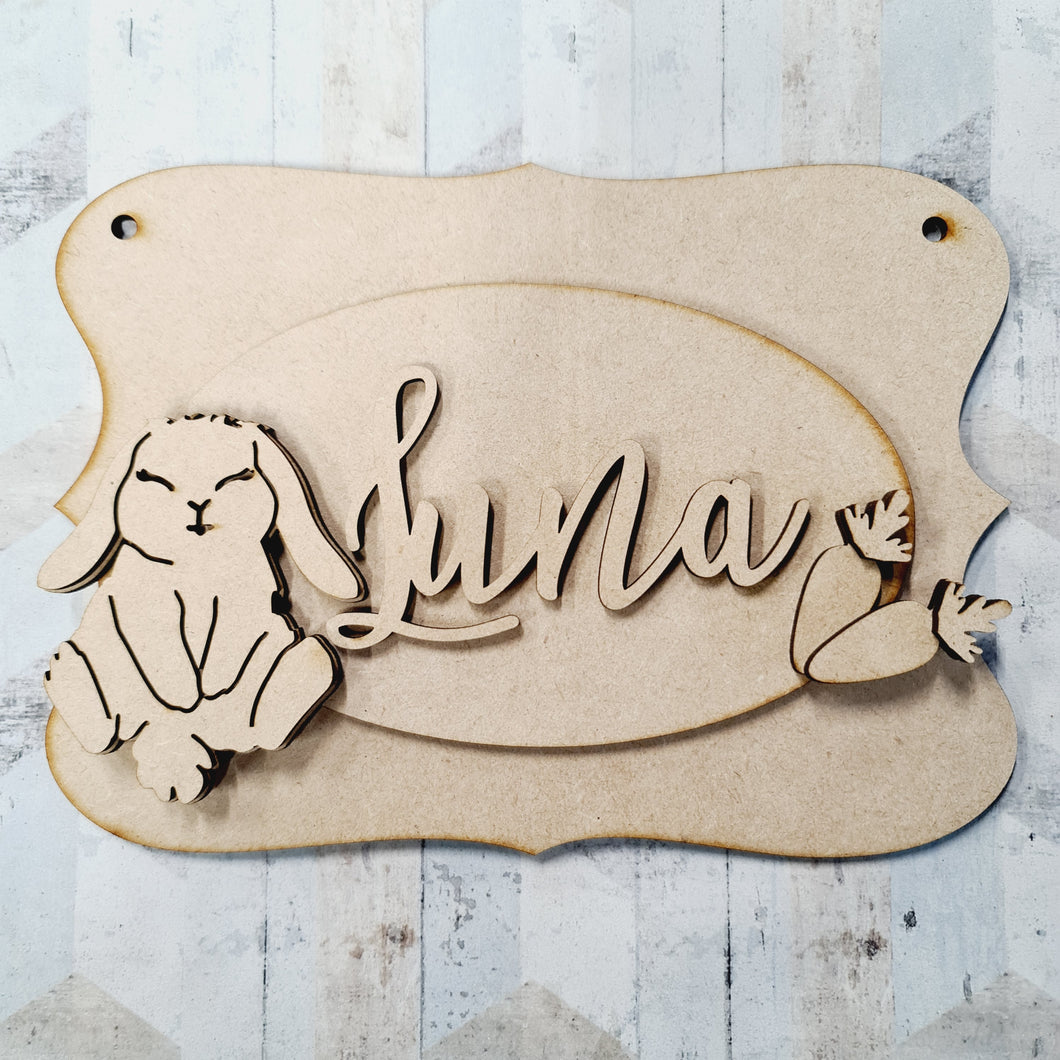 OP064 - MDF Bunny Themed Personalised Plaque - style 2 - Olifantjie - Wooden - MDF - Lasercut - Blank - Craft - Kit - Mixed Media - UK