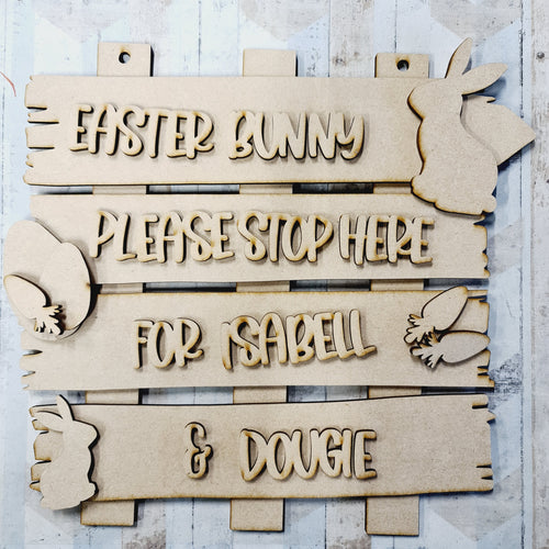 OL1205 - MDF ‘Easter Bunny please stop here for   ’ Layered Personalised Plaque - Olifantjie - Wooden - MDF - Lasercut - Blank - Craft - Kit - Mixed Media - UK