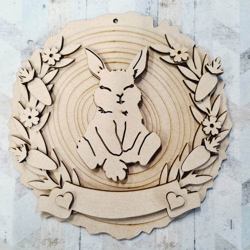 OL1377 - MDF Cute Bunny Woodslice Floral Plaque - Style 1 - Olifantjie - Wooden - MDF - Lasercut - Blank - Craft - Kit - Mixed Media - UK