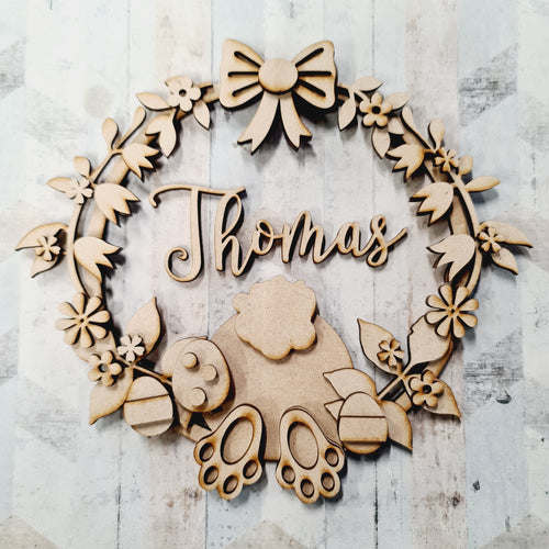 W063 - MDF Easter Bunny Bum wreath with wording or initial - Olifantjie - Wooden - MDF - Lasercut - Blank - Craft - Kit - Mixed Media - UK