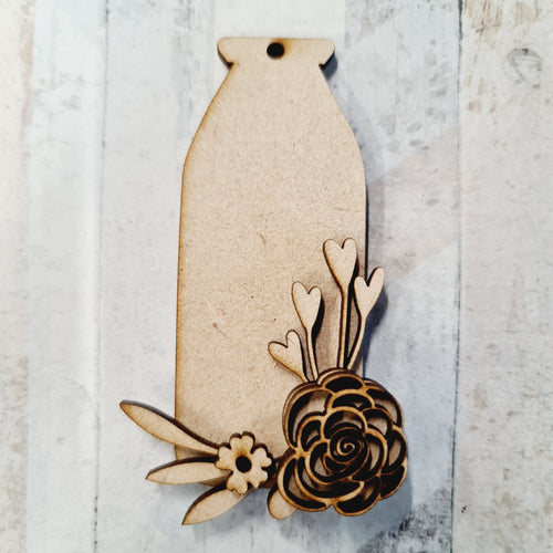 OL679 - MDF Mini Milk bottle - pretty floral - Olifantjie - Wooden - MDF - Lasercut - Blank - Craft - Kit - Mixed Media - UK