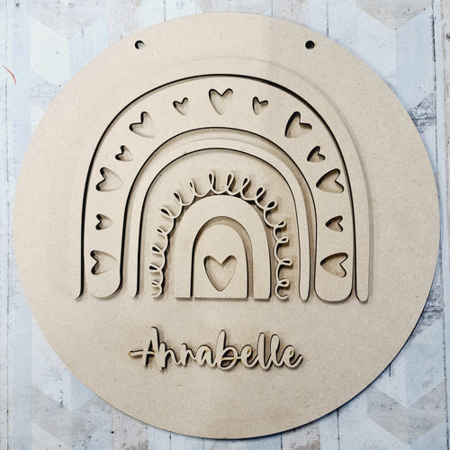 OL816 - MDF Large Rainbow Personalised Plaque - Hearts - Olifantjie - Wooden - MDF - Lasercut - Blank - Craft - Kit - Mixed Media - UK