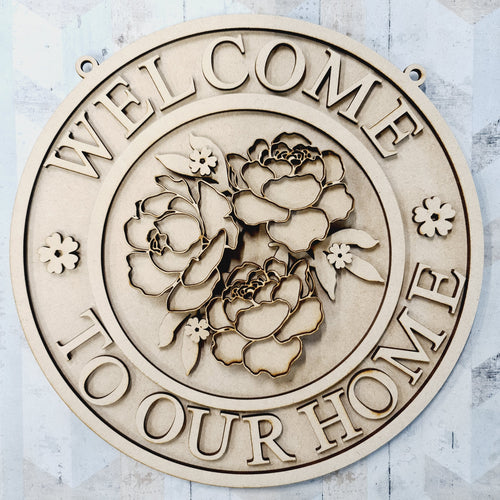 OL1438 - MDF ‘Welcome to our home’ Peonies round hanging Plaque - Olifantjie - Wooden - MDF - Lasercut - Blank - Craft - Kit - Mixed Media - UK