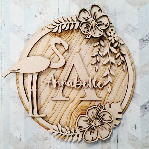 OL1411 - MDF Flamingo wreath personalised with backing - Olifantjie - Wooden - MDF - Lasercut - Blank - Craft - Kit - Mixed Media - UK