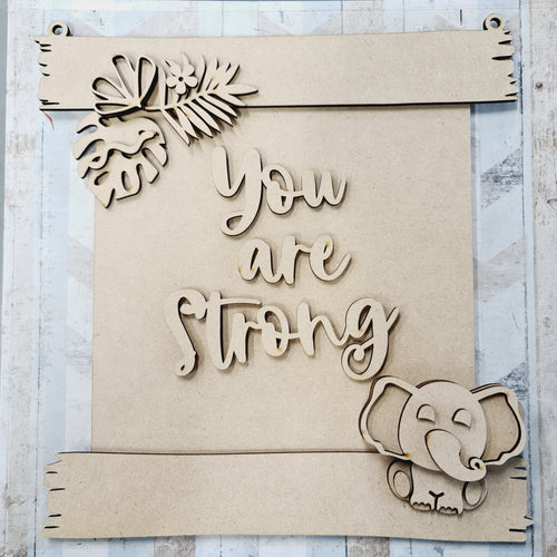 HA012 - MDF Rustic Hanging Board - Cute Elephant - You are Strong - Olifantjie - Wooden - MDF - Lasercut - Blank - Craft - Kit - Mixed Media - UK