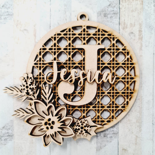 RT001 - MDF Rattan Personalised Initial and Name Hanging - Poinsettia - Olifantjie - Wooden - MDF - Lasercut - Blank - Craft - Kit - Mixed Media - UK