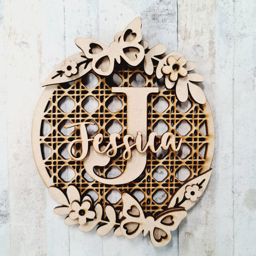 RT005 - MDF Rattan Personalised Initial and Name Hanging - Butterfly and Flowers - Olifantjie - Wooden - MDF - Lasercut - Blank - Craft - Kit - Mixed Media - UK