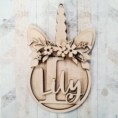 OL1426 - MDF Personalised Intricate Floral Unicorn Ears Initial Hanging Bauble - Olifantjie - Wooden - MDF - Lasercut - Blank - Craft - Kit - Mixed Media - UK