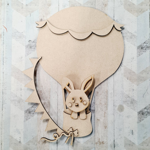 OL1451 - Hotair Balloon - Bunny Rabbit Theme - with optional hanging holes - Olifantjie - Wooden - MDF - Lasercut - Blank - Craft - Kit - Mixed Media - UK