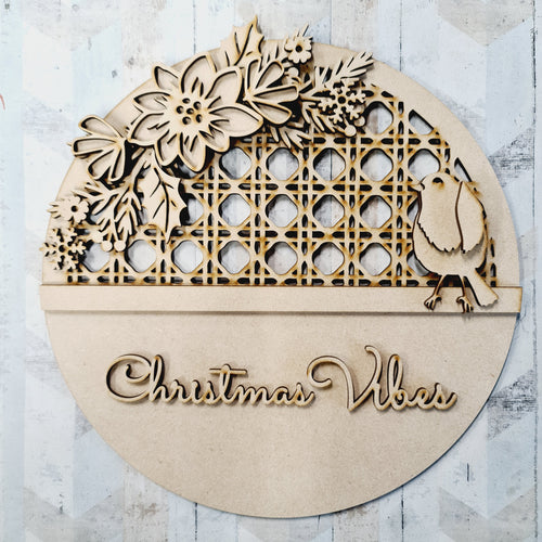 OL1467 - MDF Personalised Rattan Circle Plaque - Poinsettia and Robin Theme - Olifantjie - Wooden - MDF - Lasercut - Blank - Craft - Kit - Mixed Media - UK