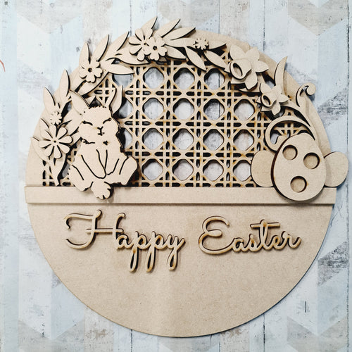 OL1469 - MDF Personalised Rattan Circle Plaque - Easter Bunny - Olifantjie - Wooden - MDF - Lasercut - Blank - Craft - Kit - Mixed Media - UK