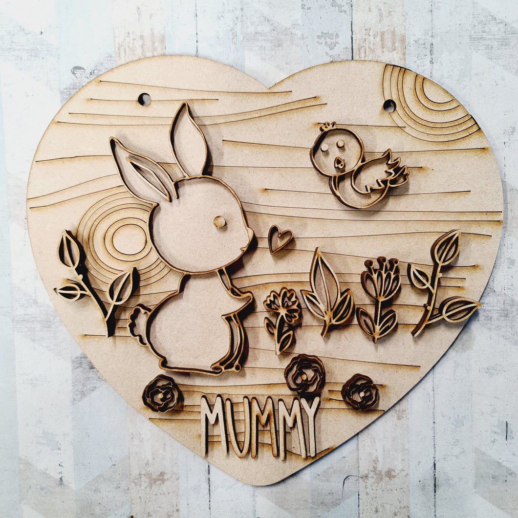 OL1473 - MDF Personalised Doddle Bunny and Bird Heart Layered Plaque - Olifantjie - Wooden - MDF - Lasercut - Blank - Craft - Kit - Mixed Media - UK