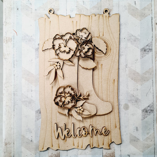 OL1465 - MDF Personalised Pansy Large Wellies Plaque - Olifantjie - Wooden - MDF - Lasercut - Blank - Craft - Kit - Mixed Media - UK