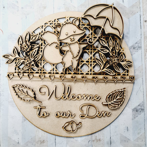 OL1484 - MDF Fox ‘Welcome to our den’ Rattan Circle  Plaque - Olifantjie - Wooden - MDF - Lasercut - Blank - Craft - Kit - Mixed Media - UK