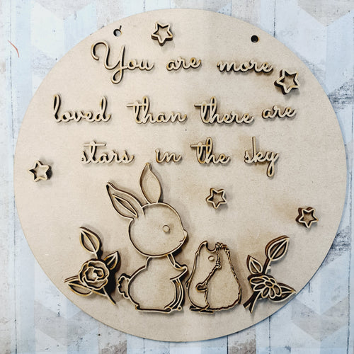 OL1478 - MDF Round Doodle Hedgehog and Bunny Plaque ‘you are more loved than there are stars in the sky’ - Olifantjie - Wooden - MDF - Lasercut - Blank - Craft - Kit - Mixed Media - UK