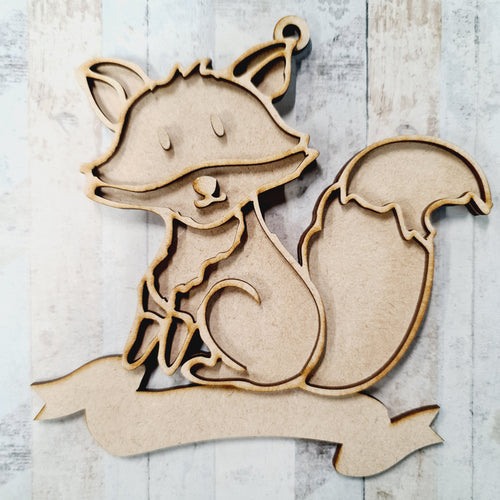 OL1491 - MDF  doodle animal hanging with banner - fox - Olifantjie - Wooden - MDF - Lasercut - Blank - Craft - Kit - Mixed Media - UK