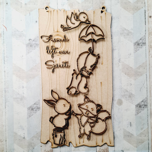 OL1510 - MDF Rectangle Woodland Doodle Friends Plaque - ‘Friends lift our spirits’ - Olifantjie - Wooden - MDF - Lasercut - Blank - Craft - Kit - Mixed Media - UK