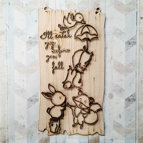 OL1513 - MDF Rectangle Woodland Doodle Friends Plaque - ‘I’ll catch you before you fall ’ - Olifantjie - Wooden - MDF - Lasercut - Blank - Craft - Kit - Mixed Media - UK