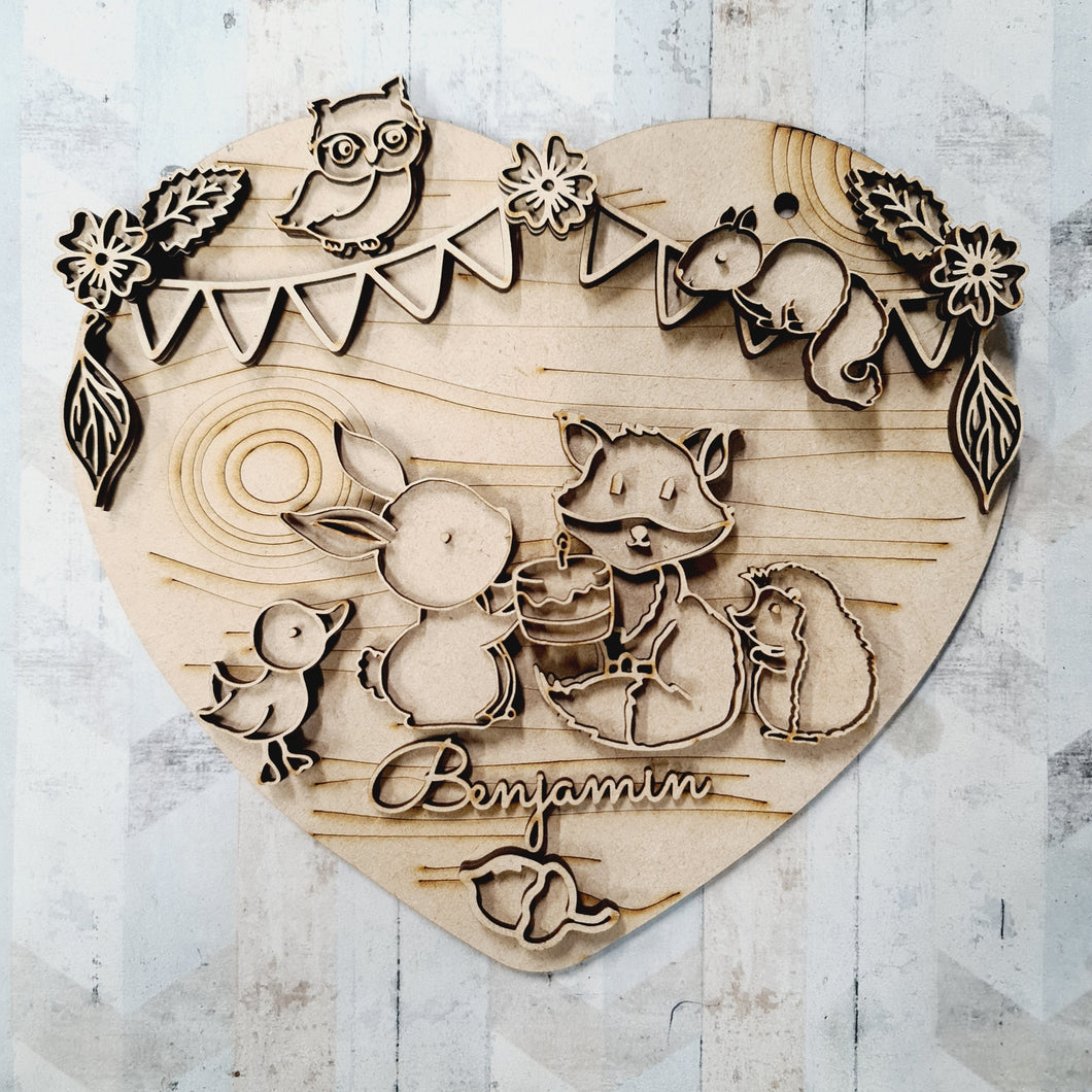 OL1514 - MDF Woodland Animals Party Time doodle personalised Plaque - Olifantjie - Wooden - MDF - Lasercut - Blank - Craft - Kit - Mixed Media - UK