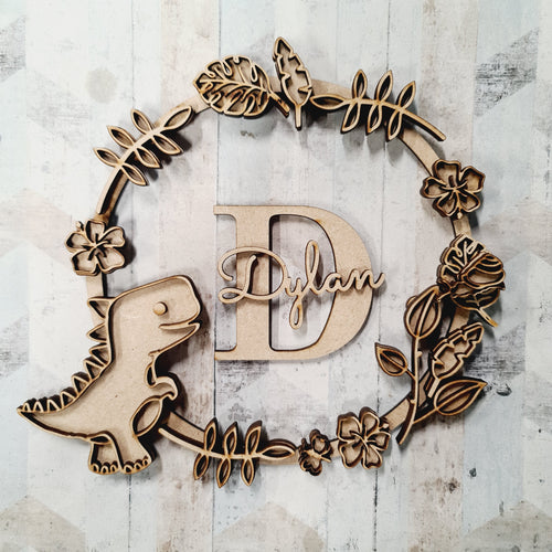 OL1550 - MDF Dinosaur doodle Personalised Wreath - Style 4 - Olifantjie - Wooden - MDF - Lasercut - Blank - Craft - Kit - Mixed Media - UK