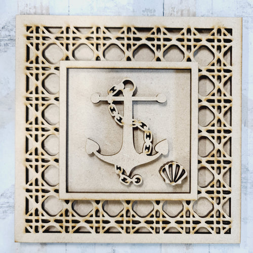 Ol1527 - MDF Rattan effect square plaque nautical theme  - Anchor - Olifantjie - Wooden - MDF - Lasercut - Blank - Craft - Kit - Mixed Media - UK