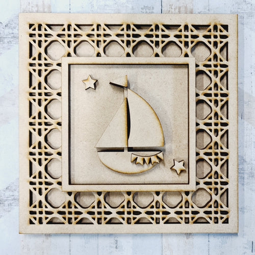 Ol1528 - MDF Rattan effect square plaque nautical theme  - Sailboat 1 - Olifantjie - Wooden - MDF - Lasercut - Blank - Craft - Kit - Mixed Media - UK
