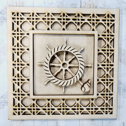 Ol1529 - MDF Rattan effect square plaque nautical theme  - Shipwheel - Olifantjie - Wooden - MDF - Lasercut - Blank - Craft - Kit - Mixed Media - UK