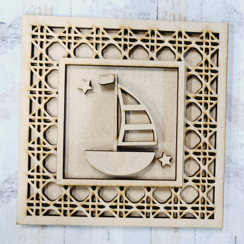 Ol1530 - MDF Rattan effect square plaque nautical theme  - Sailboat 2 - Olifantjie - Wooden - MDF - Lasercut - Blank - Craft - Kit - Mixed Media - UK