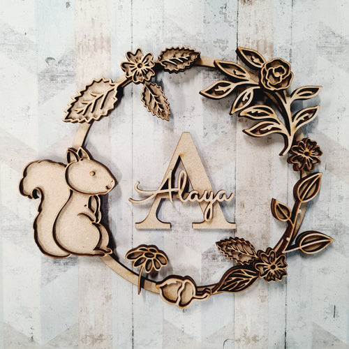 OL1522 - MDF Woodland animals doodle Personalised Wreath - Squirrel - Olifantjie - Wooden - MDF - Lasercut - Blank - Craft - Kit - Mixed Media - UK