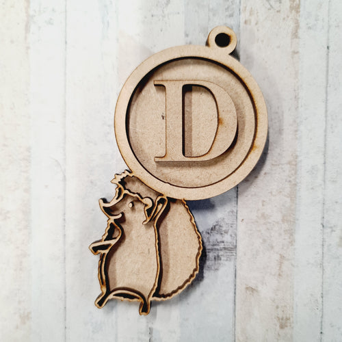 OL1566 - MDF  doodle woodland hedgehog hanging - with initial - Olifantjie - Wooden - MDF - Lasercut - Blank - Craft - Kit - Mixed Media - UK