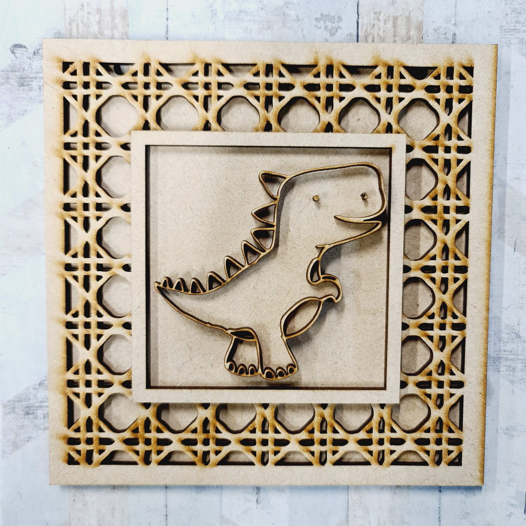 Ol1539 - MDF Rattan effect square plaque Doodle Dinosaur theme  - Style 3 - Olifantjie - Wooden - MDF - Lasercut - Blank - Craft - Kit - Mixed Media - UK