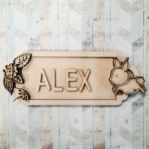 SS165 - MDF Doodle Woodland Animal - Cute Bunny Personalised Street Sign - Large (12 letters) - Olifantjie - Wooden - MDF - Lasercut - Blank - Craft - Kit - Mixed Media - UK