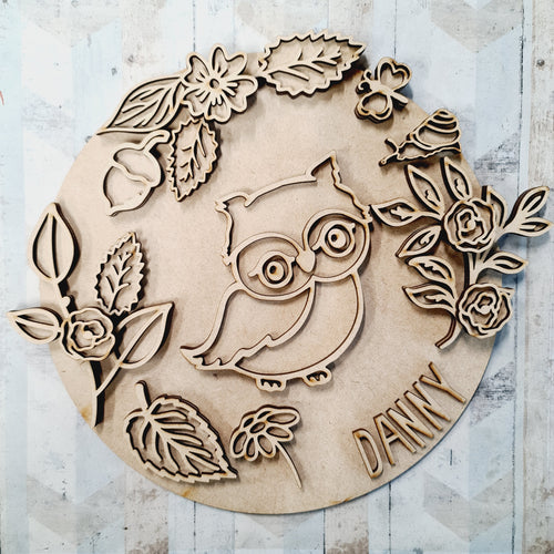 OL1575 - MDF Doodle Woodland Animals  - Owl plaque personalised - Olifantjie - Wooden - MDF - Lasercut - Blank - Craft - Kit - Mixed Media - UK