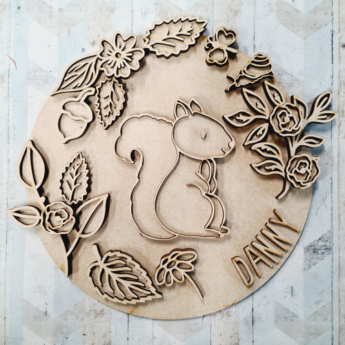 OL1574 - MDF Doodle Woodland Animals  - squirrel plaque personalised - Olifantjie - Wooden - MDF - Lasercut - Blank - Craft - Kit - Mixed Media - UK