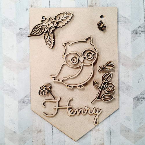 FG020 - MDF Themed Personalised Pennant Flag - Doodle Woodland Animal - Owl Theme - Olifantjie - Wooden - MDF - Lasercut - Blank - Craft - Kit - Mixed Media - UK