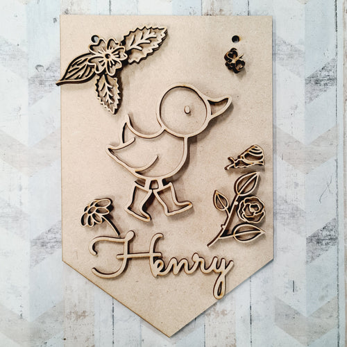 FG024 - MDF Themed Personalised Pennant Flag - Doodle Woodland Animal - Duck Theme - Olifantjie - Wooden - MDF - Lasercut - Blank - Craft - Kit - Mixed Media - UK