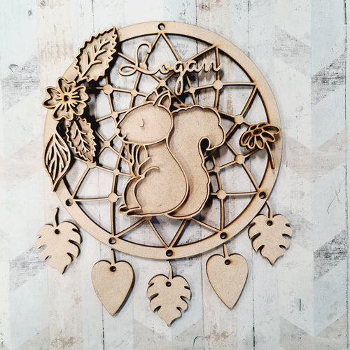 DC082- MDF Doodle Woodland - Squirrel Dream Catcher - with Initials, Name or Wording - Olifantjie - Wooden - MDF - Lasercut - Blank - Craft - Kit - Mixed Media - UK