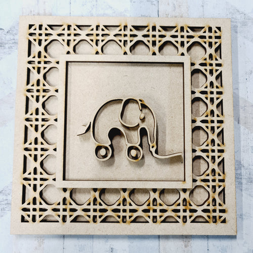 OL1584 - MDF Rattan effect square plaque - Nursery Doodles - Elephant - Olifantjie - Wooden - MDF - Lasercut - Blank - Craft - Kit - Mixed Media - UK