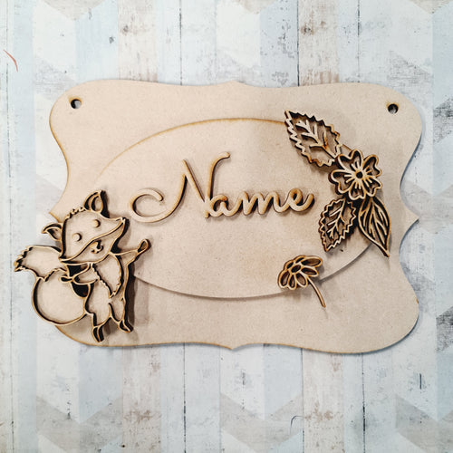 OP087 - MDF Doodle woodland Themed Personalised Plaque - Fox - Olifantjie - Wooden - MDF - Lasercut - Blank - Craft - Kit - Mixed Media - UK