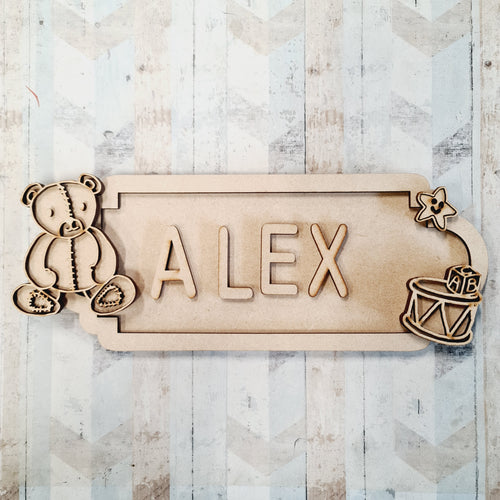 SS173 - MDF Doodle Nursery  - Teddy - Personalised Street Sign - Small (6 letters) - Olifantjie - Wooden - MDF - Lasercut - Blank - Craft - Kit - Mixed Media - UK