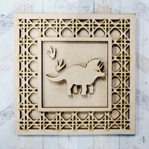 Ol1531 - MDF Rattan effect square plaque simple dinosaur theme  - Style 1 - Olifantjie - Wooden - MDF - Lasercut - Blank - Craft - Kit - Mixed Media - UK