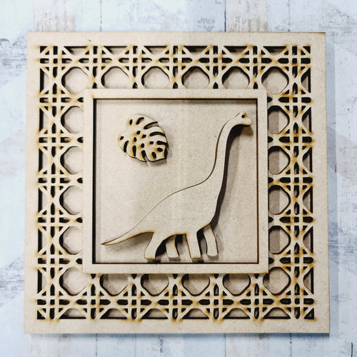 Ol1533 - MDF Rattan effect square plaque simple dinosaur theme  - Style 3 - Olifantjie - Wooden - MDF - Lasercut - Blank - Craft - Kit - Mixed Media - UK