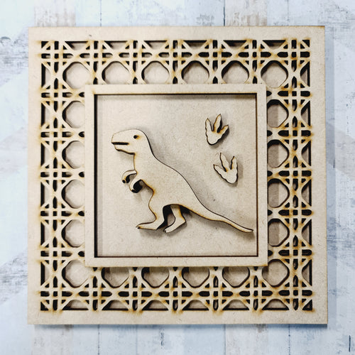 Ol1535 - MDF Rattan effect square plaque simple dinosaur theme  - Style 4 - Olifantjie - Wooden - MDF - Lasercut - Blank - Craft - Kit - Mixed Media - UK