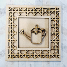 OL1664- MDF Rattan effect square plaque - Gardening Doodles - Watering Can - Olifantjie - Wooden - MDF - Lasercut - Blank - Craft - Kit - Mixed Media - UK