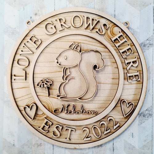 OL1634 - MDF Woodland personalised doodle Circle ‘love grows here’ est  date Plaque - Squirrel - Olifantjie - Wooden - MDF - Lasercut - Blank - Craft - Kit - Mixed Media - UK