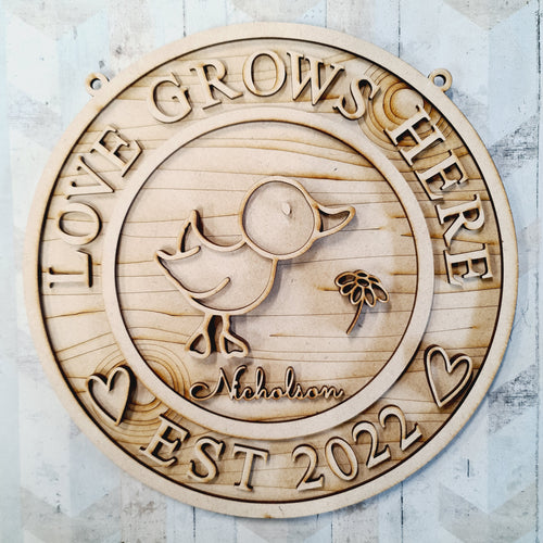 OL1635 - MDF Woodland personalised doodle Circle ‘love grows here’ est  date Plaque - Duck - Olifantjie - Wooden - MDF - Lasercut - Blank - Craft - Kit - Mixed Media - UK