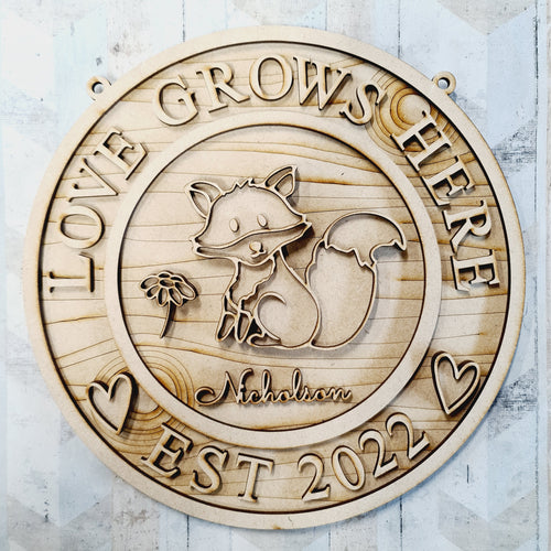 OL1639 - MDF Woodland personalised doodle Circle ‘love  grows here’ est date Plaque - Fox - Olifantjie - Wooden - MDF - Lasercut - Blank - Craft - Kit - Mixed Media - UK